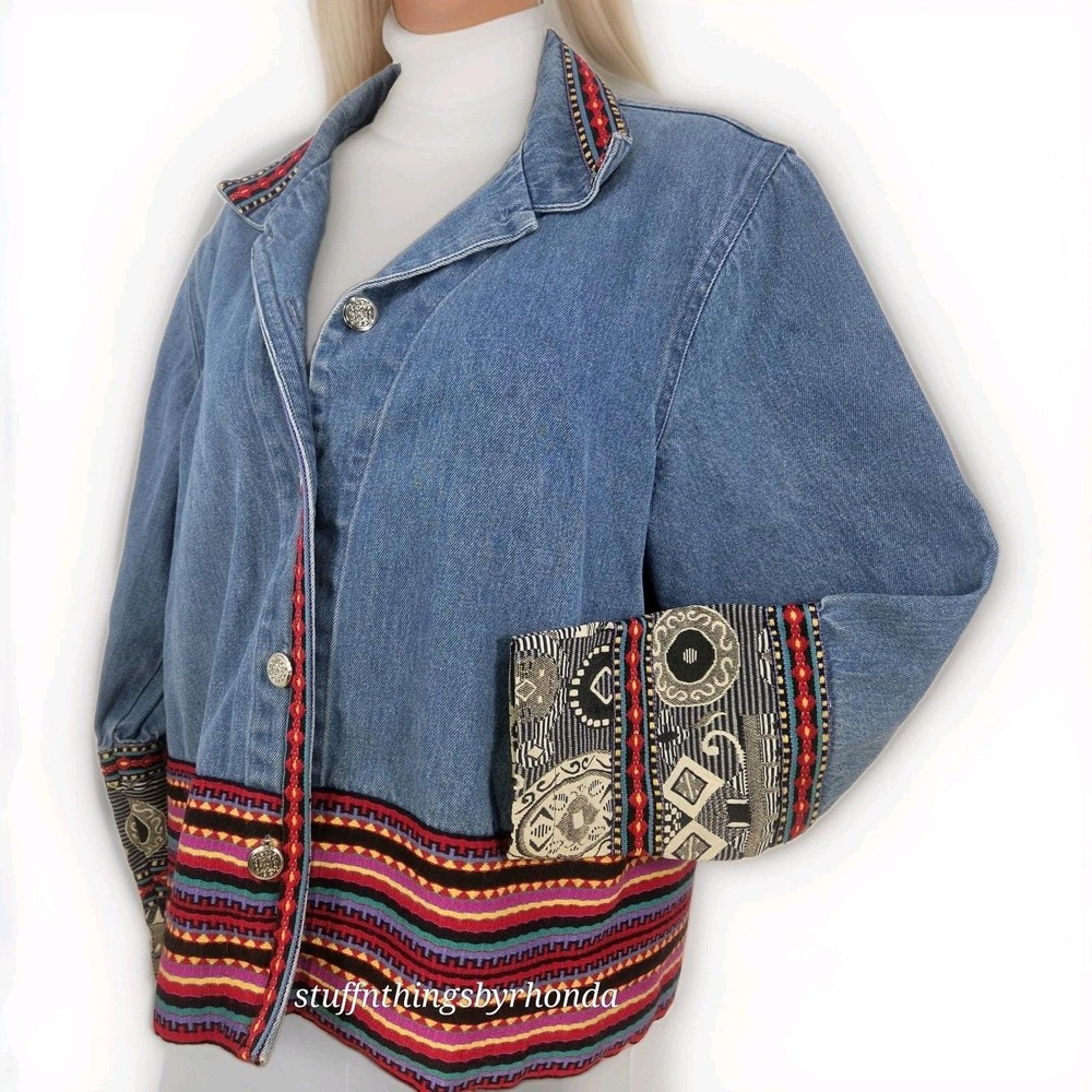 Vintage Denim Coldwater Creek Boho Jacket Womens Medium Aztec Embroidered
